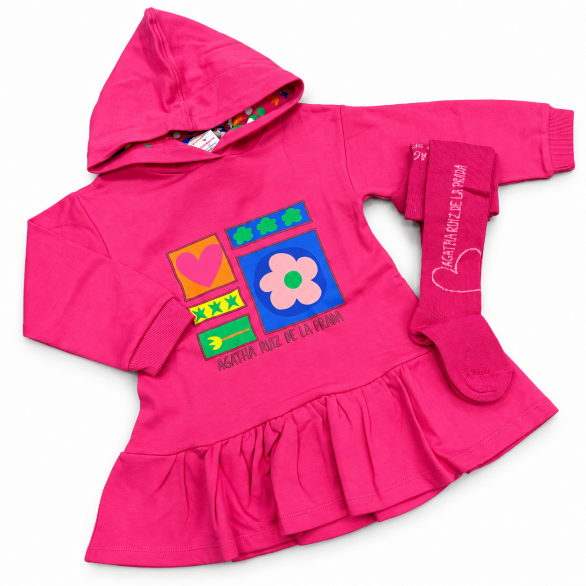 Picture of Agatha Girls Pink Hooded Dress And Tights Set