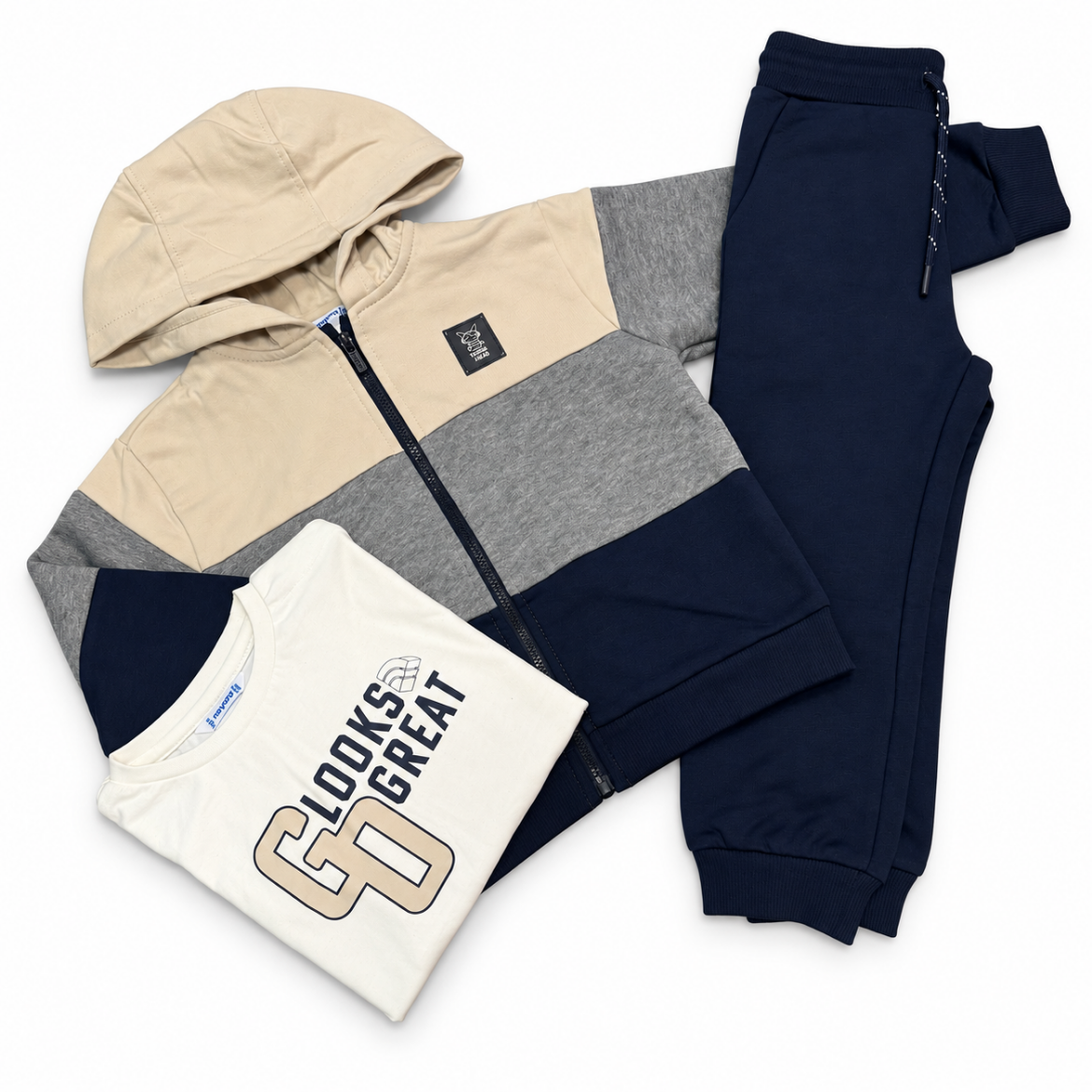 Picture of Mayoral Boys Beige & Navy 3 Piece Tracksuit